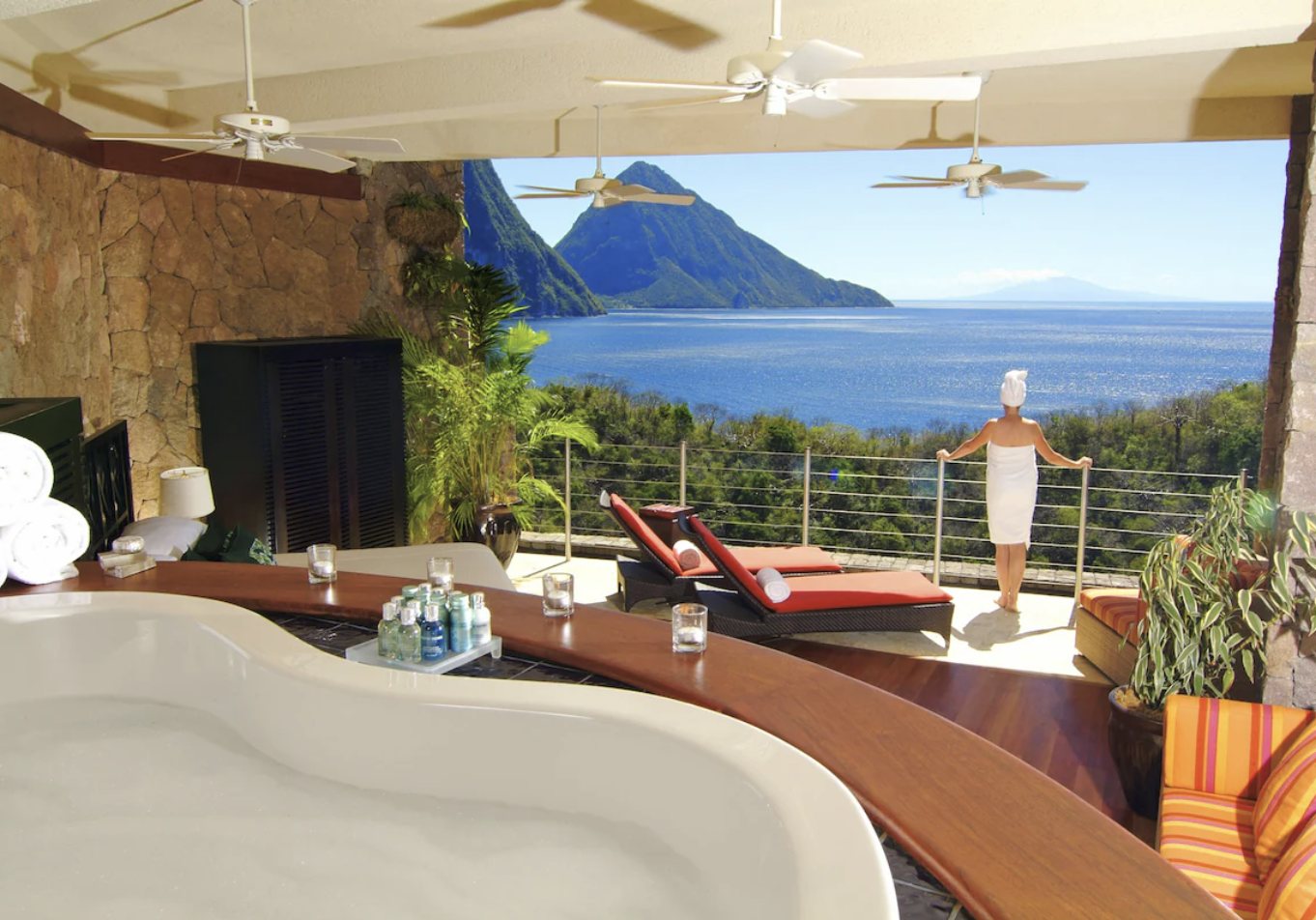 Open-air wellness suite with a Piton view at Jade Mountain