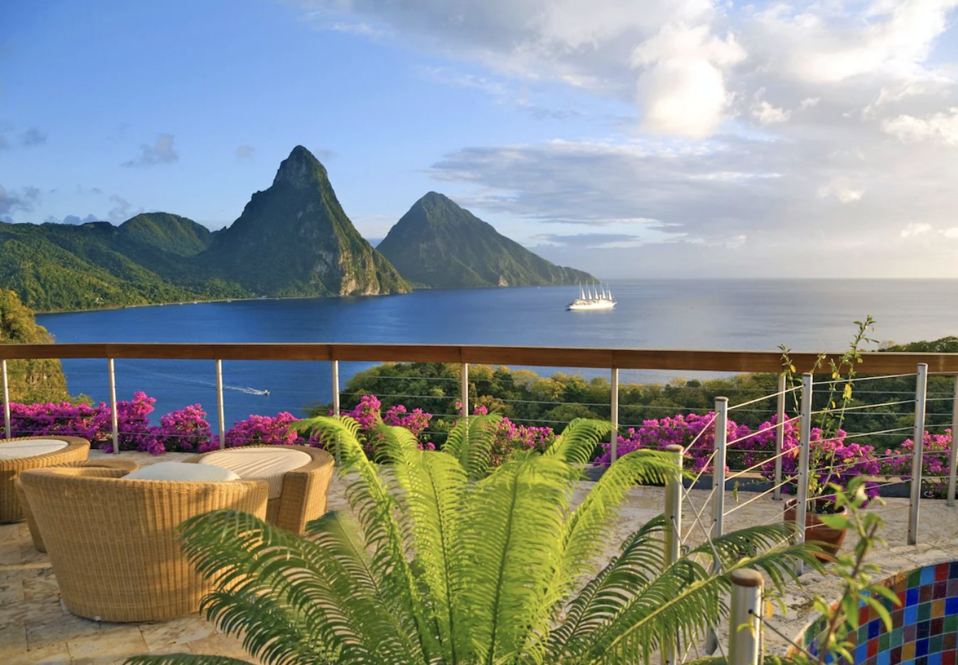 Jade Mountain terrace overlooking the bay and Pitons