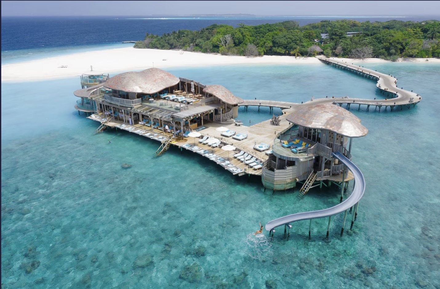 Aerial view of Soneva Fushi overwater resort